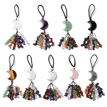 Moon Gemstone Pendant Decorations, Nylon Cord and Gemstone Chip Tassel Hanging Ornaments, 150~155mm