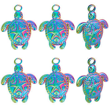 14Pcs Ion Plating(IP) 201 Stainless Steel Pendants, Tortoise with Starfish Charms, Rainbow Color, 18.5x15x3mm, Hole: 1.8mm