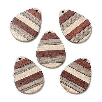 Wenge Wood & Sandalwood & White Ash Pendants, Teardrop Charms, Colorful, 35x26x3.5mm, Hole: 2mm