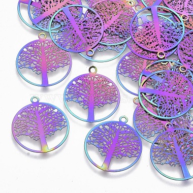 Multi-color Flat Round 201 Stainless Steel Pendants