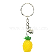 Fruit Resin Pendant Keychain, with Iron Split Key Rings and Bell Charms, Pineapple, 8.9cm, pendant: 33.5x18mm(KEYC-JKC00643-02)