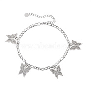 Glass Butterfly Charm Anklet with Stainless Steel Figaro Chains, Stainless Steel Color, 8-1/2 inch(21.5cm)(PB7219-2)