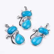 Synthetic Turquoise Kitten Pendants, with Brass Findings, Cat Silhouette Shape, Platinum, 44x26.5x7.5mm, Hole: 4x6mm(G-G713-B13)