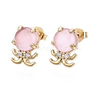 Brass Micro Pave Clear Cubic Zirconia Stud Earrings, with Cat Eye and Ear Nuts, Oval, Cadmium Free & Nickel Free & Lead Free, Pearl Pink, Real 16K Gold Plated, 11.5x8mm, Pin: 0.7mm(EJEW-S210-001-NR)