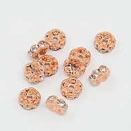 Brass Rhinestone Spacer Beads, Grade AAA, Wavy Edge, Nickel Free, Rose Gold Metal Color, Rondelle, Crystal, 8x3.8mm, Hole: 1.5mm(RB-A014-L8mm-01RG-NF)