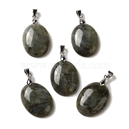Natural Labradorite Pendants, Oval Charms with Rack Plating Platinum Plated Brass Snap on Bails, 30x21.5~22x6~6.5mm, Hole: 6x4mm(G-Z055-03P-03)