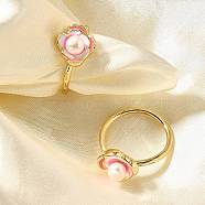 Natural Pearl Finger Rings, Flower Brass Enamel Finger Rings for Women, Real 14K Gold Plated, Flower: 11x12mm, Inner Diameter: 17mm(RJEW-P113-20G)