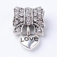 Alloy Rhinestone European Dangle Charms, Large Hole Pendants, Heart, Antique Silver, Crystal, 18.5x13x7~7.5mm, Hole: 4mm(MPDL-S043-03)