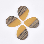 Resin & Walnut Wood Pendants, Teardrop, Gold, 36x26.5x3~4mm, Hole: 2mm(RESI-S358-95G)