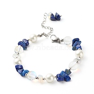 Natural Lapis Lazuli Chip Beaded Bracelet for Girl Women, Round Shell Pearl & Opalite Chip & Synthetic Moonstone Beads Bracelet, 7-1/4 inch(18.3cm)(X1-BJEW-TA00019-04)