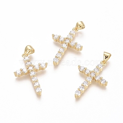 Brass Micro Pave Clear Cubic Zirconia Pendants, Cross, Golden, 26.5x17.5x3.5mm, Hole: 3.5x4.5mm(X-ZIRC-G152-18B-G)