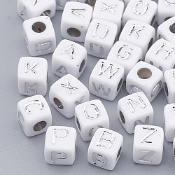 Plated Acrylic Beads, Metal Enlaced, Horizontal Hole, Cube with Letter, Silver Plated, 4.5x4.5x4.5mm, Hole: 3mm, about 5000pcs/500g(SACR-N002-06B)