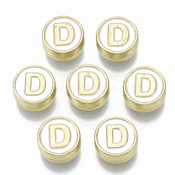 Alloy Enamel Beads, Cadmium Free & Nickel Free & Lead Free, Flat Round with Initial Letters, Light Gold, Letter.D, 8x4mm, Hole: 1.5mm(X-ENAM-S122-028D-NR)
