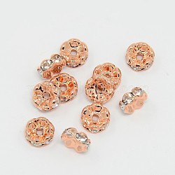 Brass Rhinestone Spacer Beads, Grade AAA, Wavy Edge, Nickel Free, Rose Gold Metal Color, Rondelle, Crystal, 8x3.8mm, Hole: 1.5mm(RB-A014-L8mm-01RG-NF)