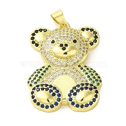 Brass Micro Pave Cubic Zirconia Pendants, Real 18K Gold Plated Bear Charms, Sea Green, 30.5x23x6mm, Hole: 5x3.5mm(KK-Z042-30G-01)