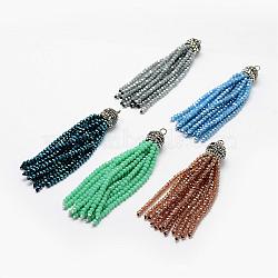 Electroplate Glass Bead Tassel Big Pendants, with Brass Rhinestone Findings, Mixed Color, 76x10.8mm, Hole: 2.5mm(EGLA-P023)