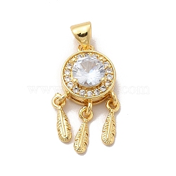Rack Plating  Brass Micro Pave Cubic Zirconia Pendant, Long-Lasting Plated, Cadmium Free & Lead Free,  Woven Net/Web with Feather, Round, Real 18K Gold Plated, 21x10x5.5mm, Hole: 4.5x3mm(ZIRC-C002-01G)