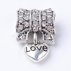 Alloy Rhinestone European Dangle Charms, Large Hole Pendants, Heart, Antique Silver, Crystal, 18.5x13x7~7.5mm, Hole: 4mm(MPDL-S043-03)