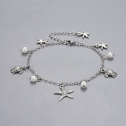Brass Charm Anklets, with Glass Pearl, Alloy Charms and Stainless Steel Findings, Ocean Theme, White, 9-1/8 inch(23.2cm), 0.8~2.8mm(AJEW-AN00263)