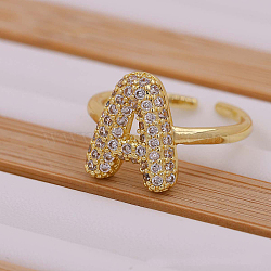 Brass Micro Pave Clear Cubic Zirconia Initial Cuff Rings, Golden, Letter A, Inner Diameter: Adjustable(FS-WGB210B-02)