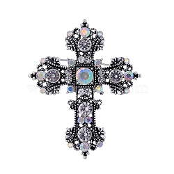 Baroque Style Cross Zinc Alloy Rhinestone Brooches, Antique Silver, 60x48mm(PW-WGBF0CF-01)