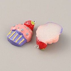 Opaque Resin Pendants, Cupcake Charms, with Platinum Tone Iron Loops, Imitation Food, Hot Pink, 32~33x21~22x9~10.5mm, Hole: 1.8mm(RESI-TAC0002-72C)