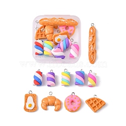 20Pcs Resin & Handmade Polymer Clay  Pendants, with Platinum Tone Iron Loops, Imitation Food, Waffle & Croissant & Bread with Fried Egg & Baguette & Donut & Marshmallow, Mixed Color, 17~49x9~21.5x4.2~10mm, Hole: 2~3mm(FIND-FS0001-20)