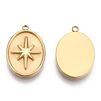 304 Stainless Steel Charms, Oval with Star Charm, Nickel Free, Real 14K Gold Plated, 20.5x14x2mm, Hole: 1.5mm