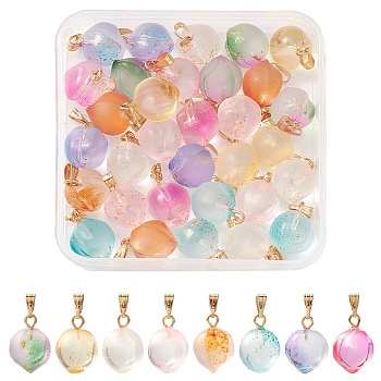 32Pcs 8 Style Transparent Spray Painted Glass Pendants, with Golden Plated Iron Bails and Gold Foil, Frosted, Peach, Mixed Color, 16~17x11~12x11~12mm, Hole: 6x2mm, 4Pcs/style