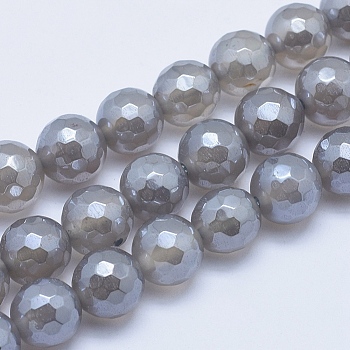 Electroplated Natural Grey Agate Beads Strands, Faceted, Round, 6~6.5mm, Hole: 1mm, about 67pcs/strand, 16 inch(40.5cm)
