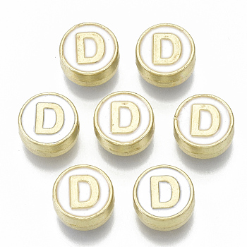 Alloy Enamel Beads, Cadmium Free & Nickel Free & Lead Free, Flat Round with Initial Letters, Light Gold, Letter.D, 8x4mm, Hole: 1.5mm