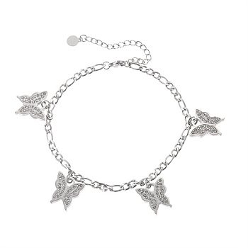 Glass Butterfly Charm Anklet with Stainless Steel Figaro Chains, Stainless Steel Color, 8-1/2 inch(21.5cm)