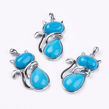 Synthetic Turquoise Kitten Pendants, with Brass Findings, Cat Silhouette Shape, Platinum, 44x26.5x7.5mm, Hole: 4x6mm