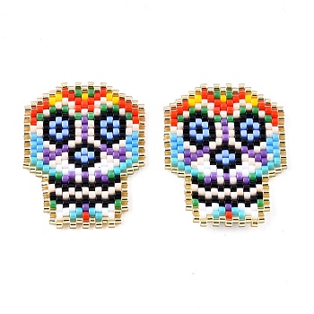 Handmade Seed Beads Pendants, with Elastic Thread, Loom Pattern, Sugar Skull, For Mexico Holiday Day of The Dead, Colorful, 32x25x1.5mm