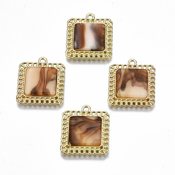 Rack Plating Alloy Pendants, with Cellulose Acetate(Resin), Cadmium Free & Lead Free, Square, Light Gold, 23.5x20.5x4mm, Hole: 2mm