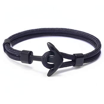 Polyester Cord Multi-strand Bracelets, with Alloy Anchor Clasps, Gunmetal, Black, 21cm