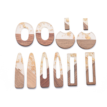 Resin & Walnut Wood Pendants, with Foil, Rectangle & Bullet & Gap Flat Round & Ovale & Snap Hair Clip, Gold, 12pcs/set