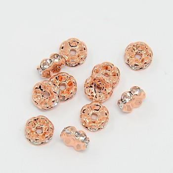 Brass Rhinestone Spacer Beads, Grade AAA, Wavy Edge, Nickel Free, Rose Gold Metal Color, Rondelle, Crystal, 8x3.8mm, Hole: 1.5mm