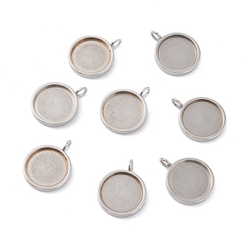 201 Stainless Steel Pendant Cabochon Settings, Plain Edge Bezel Cups, Flat Round, Stainless Steel Color, Tray: 12mm, 18x14x2mm, Hole: 2.5mm