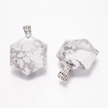 Natural Howlite Gemstone Pendants, Faceted, Hexagram, Platinum, 41x28x9mm, Hole: 5x9mm
