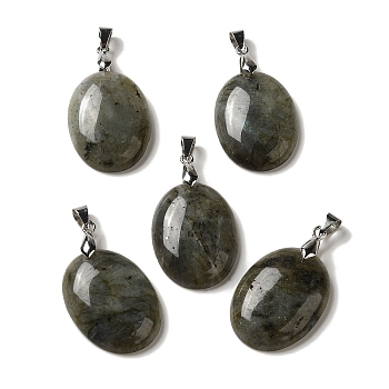 Natural Labradorite Pendants, Oval Charms with Rack Plating Platinum Plated Brass Snap on Bails, 30x21.5~22x6~6.5mm, Hole: 6x4mm