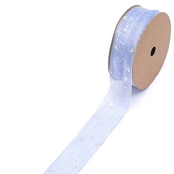 20 Yards Silver Stamping Star Organza Ribbons, Garment Accessories, Gift Packaging, Cornflower Blue, 1 inch(25mm), 20 Yards/Roll