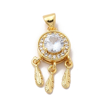 Rack Plating  Brass Micro Pave Cubic Zirconia Pendant, Long-Lasting Plated, Cadmium Free & Lead Free,  Woven Net/Web with Feather, Round, Real 18K Gold Plated, 21x10x5.5mm, Hole: 4.5x3mm