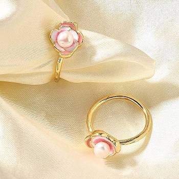 Natural Pearl Finger Rings, Flower Brass Enamel Finger Rings for Women, Real 14K Gold Plated, Flower: 11x12mm, Inner Diameter: 17mm