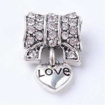 Alloy Rhinestone European Dangle Charms, Large Hole Pendants, Heart, Antique Silver, Crystal, 18.5x13x7~7.5mm, Hole: 4mm