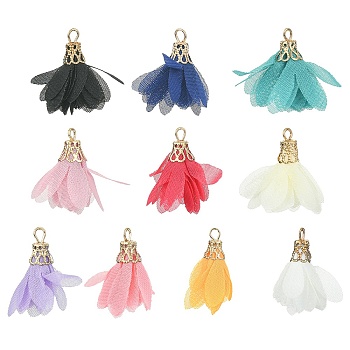 10Pcs 10 Colors Chiffon Pendants, with Golden Iron Findings, Flower Charms, Mixed Color, 25~27x20~30mm, Hole: 2.5mm, 1Pc/color
