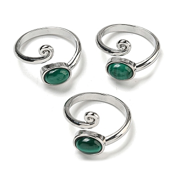 Natural Malachite Adjustable Rings, with Platinum Brass Findings, Long-Lasting Plated, Jewely for Women, Oval, Adjustable