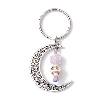 5Pcs Alloy & Synthetic Turquoise & Resin Keychain, Moon, Flower, Skull, Lavender, 6.8cm