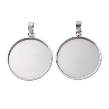 304 Stainless Steel Pendant Cabochon Settings, Flat Round Charms, Stainless Steel Color, Tray: 25mm, 30.5x26.5x2mm, Hole: 6x3.5mm