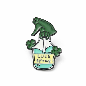 St. Patrick's Day Enamel Pins, Alloy Brooches for Backpack Clothes, Spray Bottle with Word Luck Spray, 29.5x20.5mm